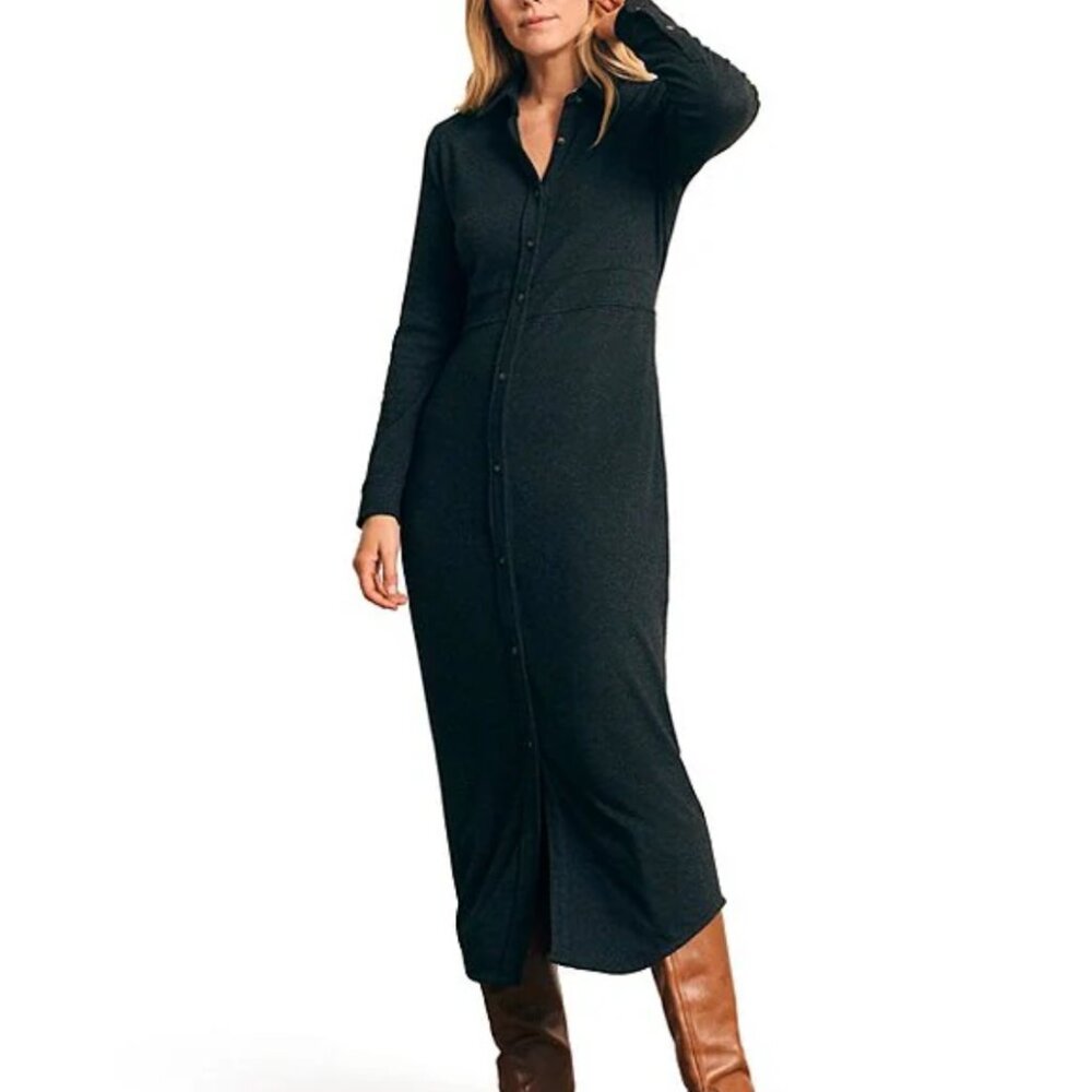 Faherty - Legend Button Front Sweater Knit Maxi Shirt Dress Black Twill - XS NWT